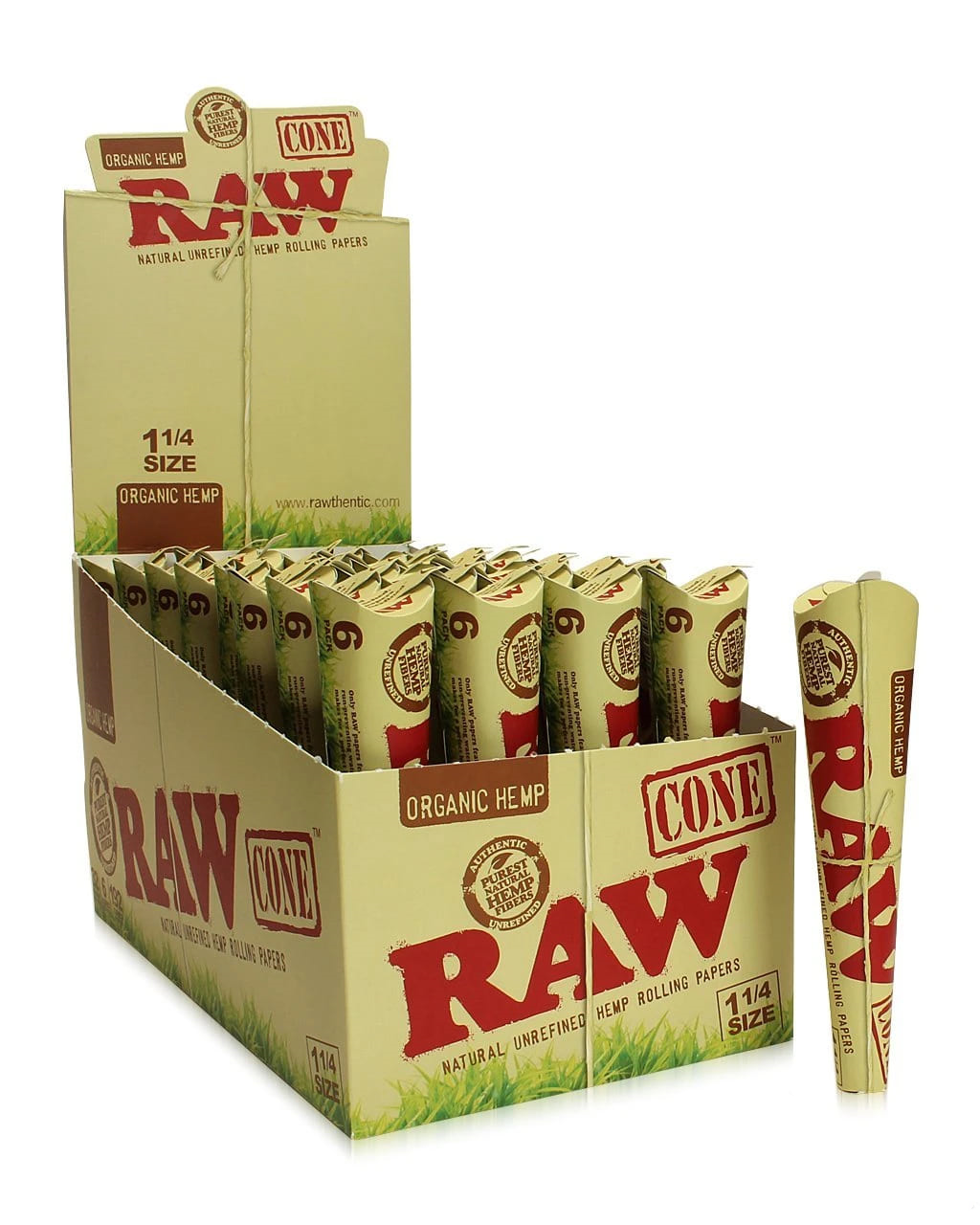 RAW Organic Hemp 1 1/4 Cones - 32 Packs/Box, 6 Cones/Pack