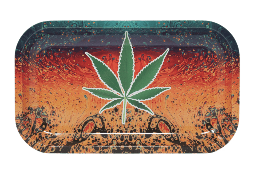 Single Green Leaf Metal Rolling Tray - Medium - 11